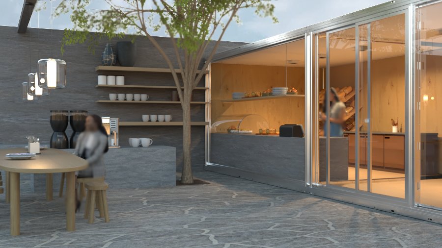 Anyplace module configured as an outdoor café with paved seating area, hanging pendant lights, fresh produce display behind glass walls