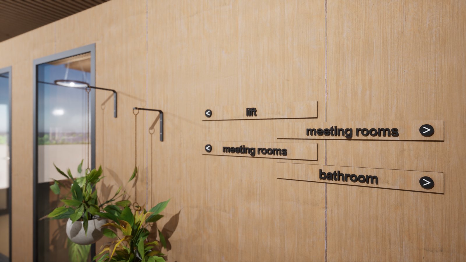 Anyplace modules configured as office meeting rooms with wayfinding signage and landscaping between