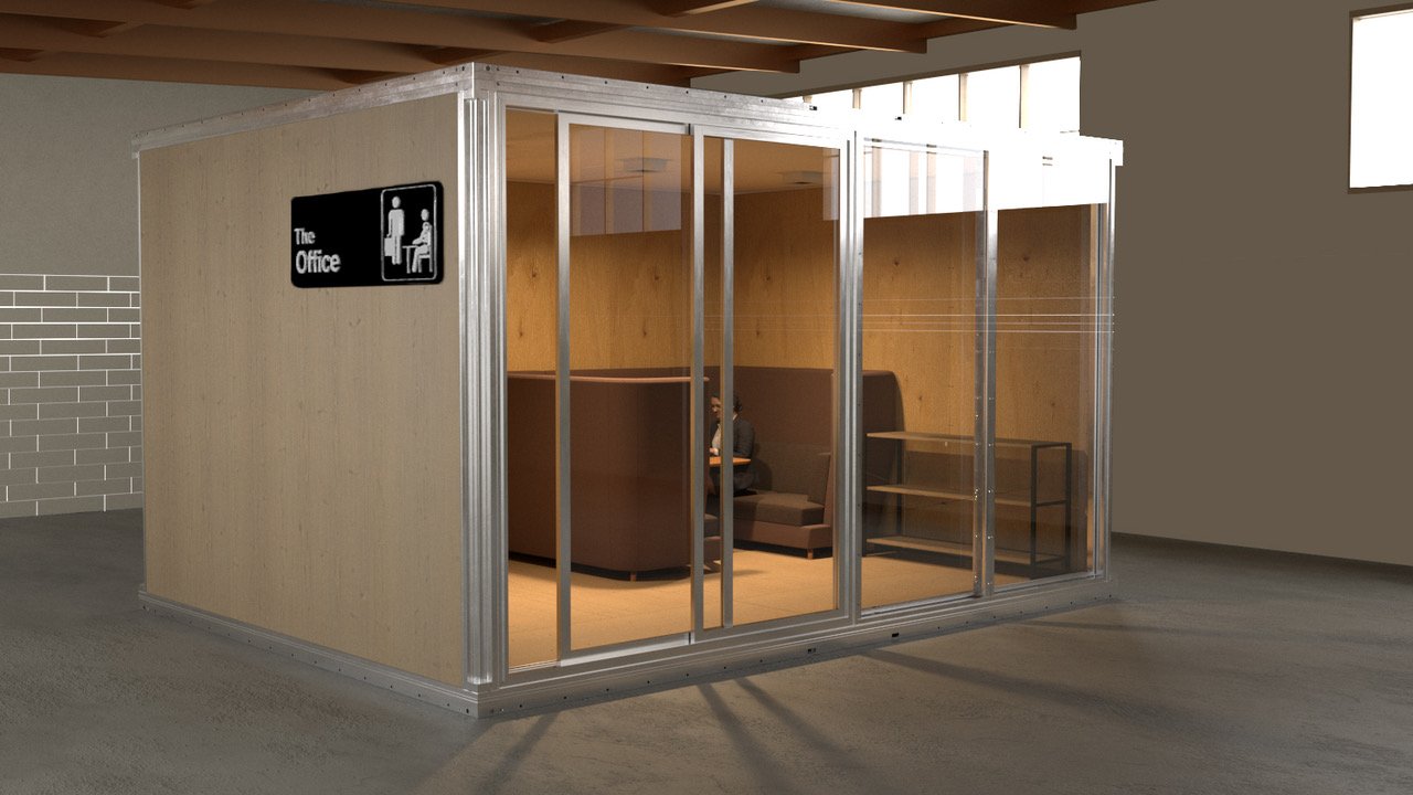 Anyplace module dropped inside an existing warehouse to create a private office space