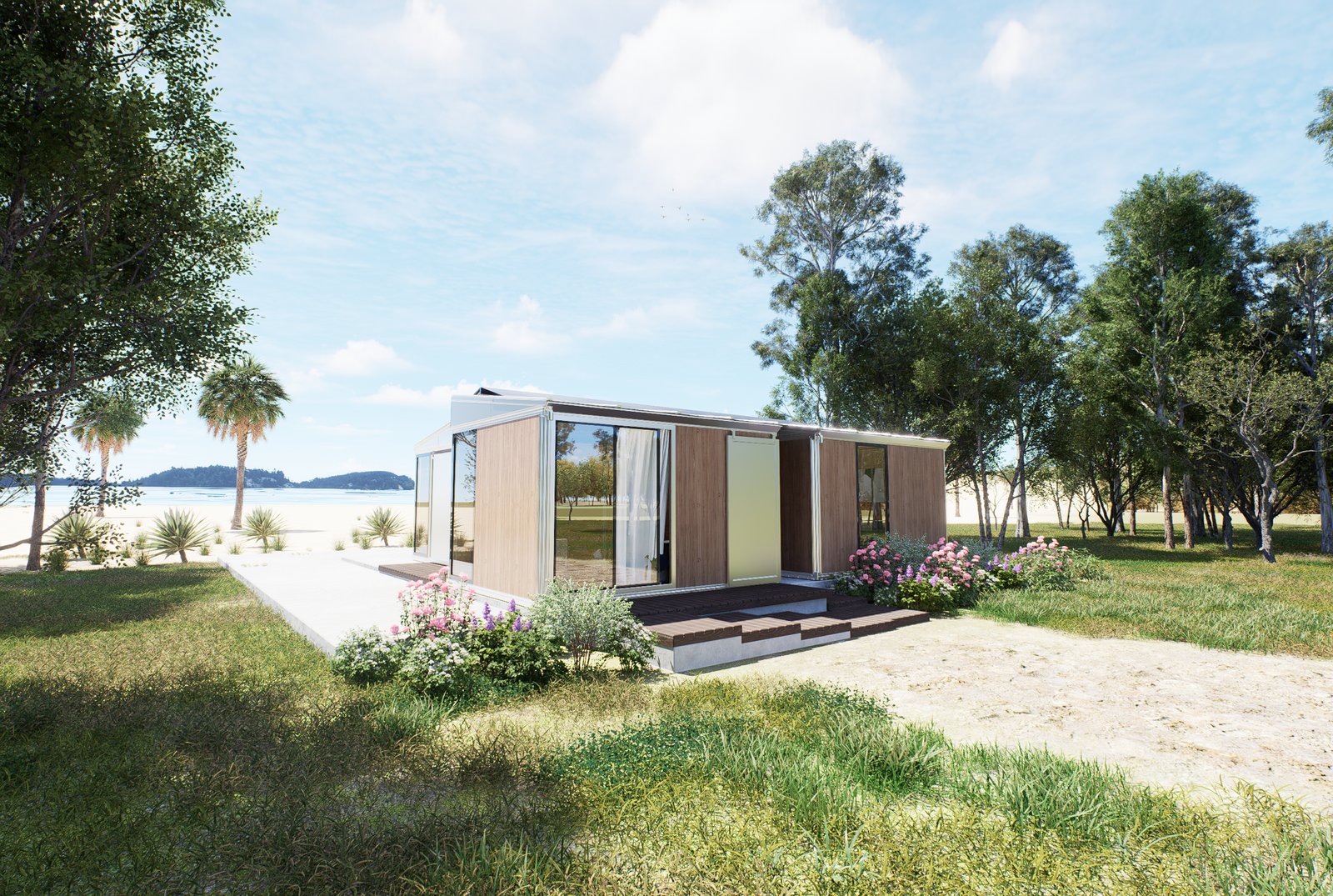 Anyplace 4-module residential unit in a beachfront setting — two paired modules with breezeway, landscaped gardens, and coastal vista