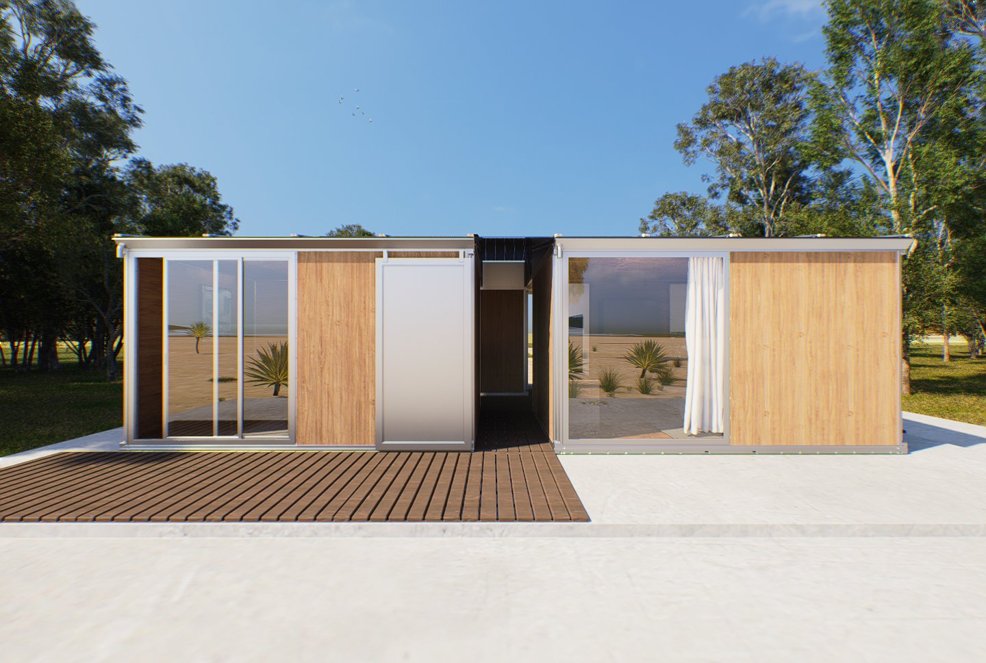 Anyplace 4-module residential unit — front elevation showing two paired modules with breezeway between, finished cladding and full-height glazing