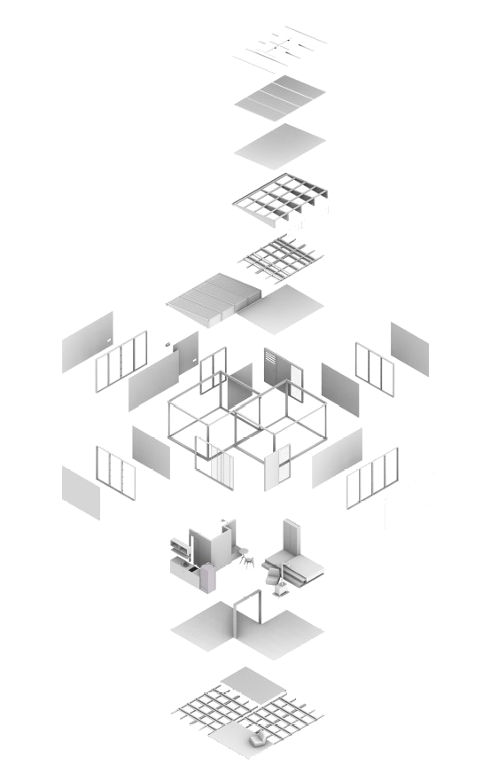 Anyplace module exploded view — 46 parts laid out from roof to floor, showing the full system stack