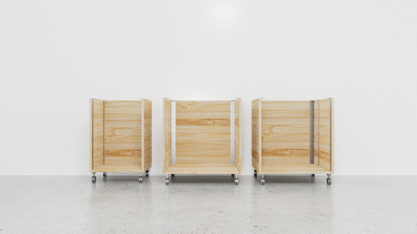 Three Payload cabinets configured with wheels — mobile reconfiguration