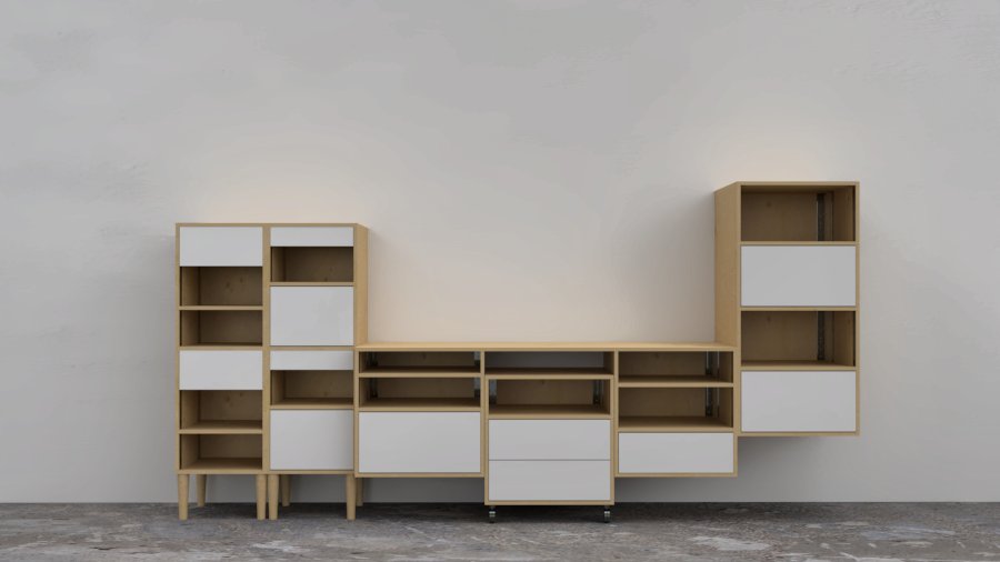 Full Payload wall system — combined white and bamboo modular cabinet panels showing the integrated wall storage configuration